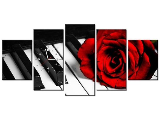 Obraz z zegarem, Róża na fortepianie, 5 elementów, 150x70 cm Oobrazy