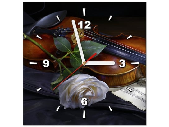 Obraz z zegarem, Skrzypce z różą, 30x30 cm Oobrazy