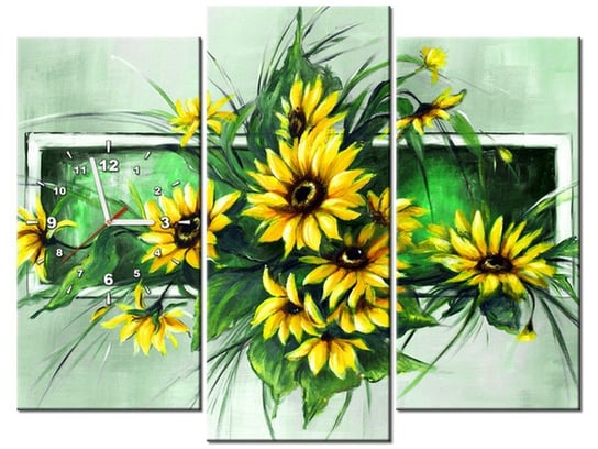 Obraz z zegarem, Słoneczniki w zieleni, 3 elementy, 90x70 cm Oobrazy