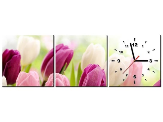 Obraz z zegarem, Soczyste tulipany, 3 elementy, 90x30 cm Oobrazy