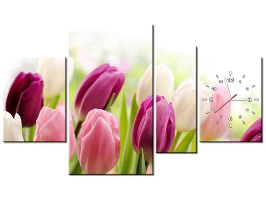 Obraz z zegarem, Soczyste tulipany, 4 elementy, 120x70 cm Oobrazy