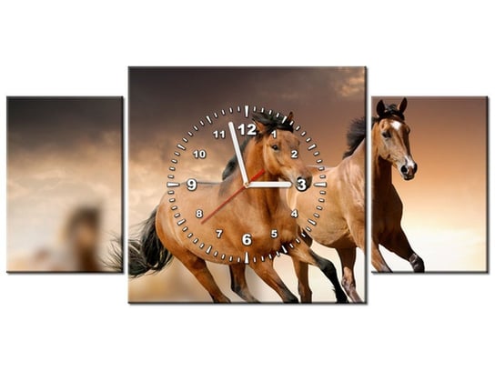 Obraz z zegarem, Stado koni, 3 elementy, 80x40 cm Oobrazy