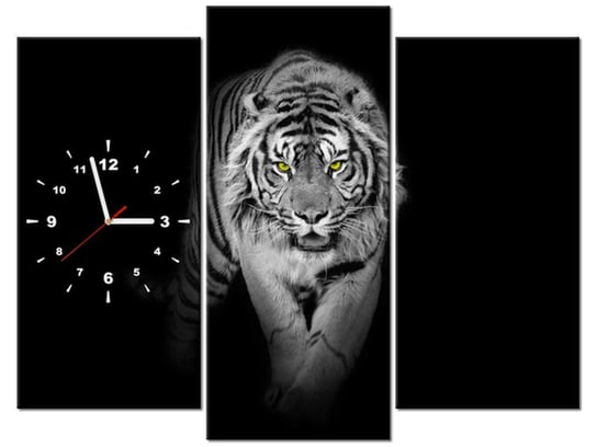Obraz z zegarem, Tygrys w mroku, 3 elementy, 90x70 cm Oobrazy