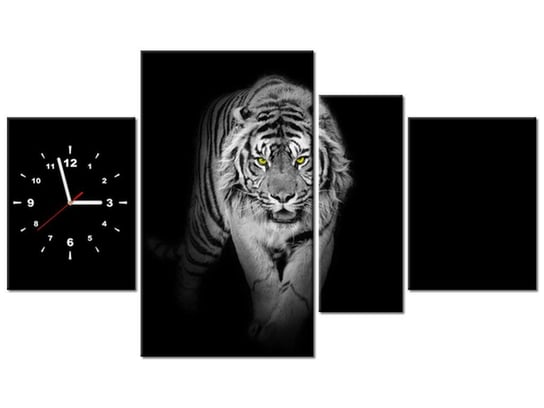 Obraz z zegarem, Tygrys w mroku, 4 elementy, 120x70 cm Oobrazy