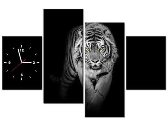 Obraz z zegarem, Tygrys w mroku, 4 elementy, 120x80 cm Oobrazy