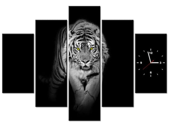 Obraz z zegarem, Tygrys w mroku, 5 elementów, 150x105 cm Oobrazy