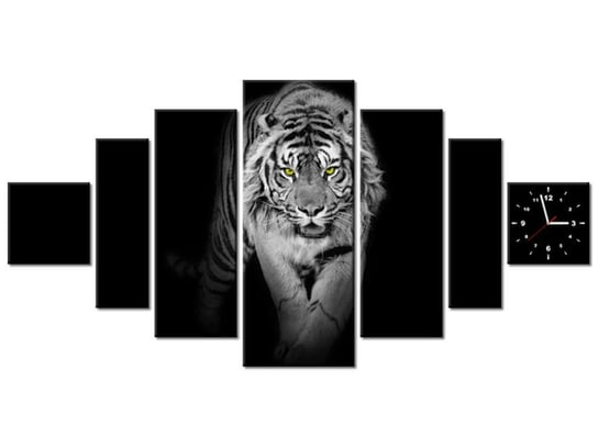 Obraz z zegarem, Tygrys w mroku, 7 elementów, 200x100 cm Oobrazy