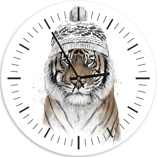 Obraz z zegarem, Tygrys w zimowej czapce - Zegar okrągły - 80x80 Feeby