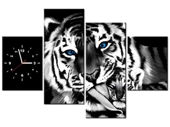 Obraz z zegarem, Tygrysy, 4 elementy, 120x80 cm Oobrazy