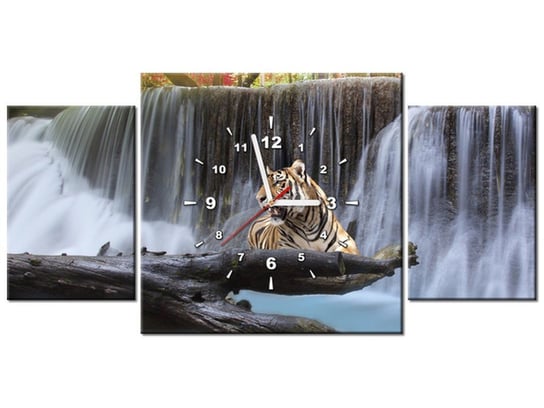 Obraz z zegarem, Tygrysy przy wodospadzie, 3 elementy, 80x40 cm Oobrazy