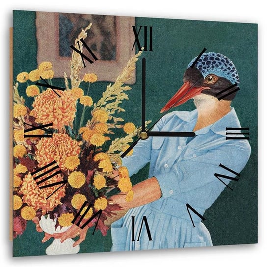Obraz z zegarem, Wazon z kwiatami kobieta z głową ptaka surrealizm - 80x80 Feeby
