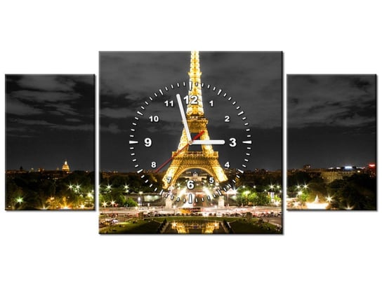 Obraz z zegarem, Wieczorne zdjęcie Wieży Eiffla, 3 elementy, 80x40 cm Oobrazy