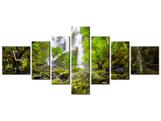 Obraz z zegarem, Wodospad w zieleni, 7 elementów, 160x70 cm Oobrazy