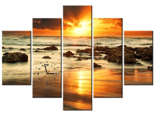 Obraz z zegarem, Wschód słońca nad wzburzonym oceanem, 5 elementów, 150x105 cm Oobrazy