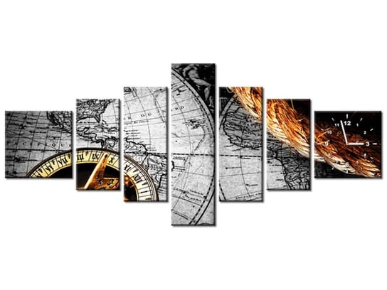 Obraz z zegarem, Zabytkowa mapa, 7 elementów, 160x70 cm Oobrazy