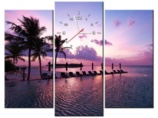 Obraz z zegarem, Zachód słońca na plaży na Malediwach, 3 elementy, 90x70 cm Oobrazy