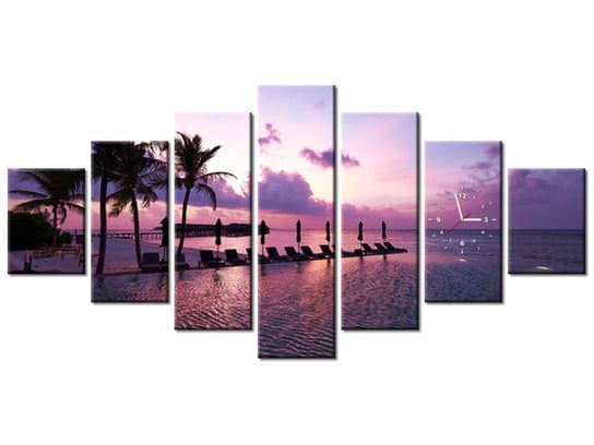 Obraz z zegarem, Zachód słońca na plaży na Malediwach, 7 elementów, 210x100 cm Oobrazy