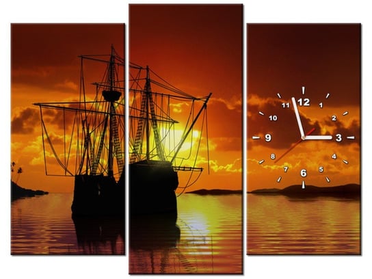 Obraz z zegarem, Żaglowiec w zachodzącym słońcu, 3 elementy, 90x70 cm Oobrazy