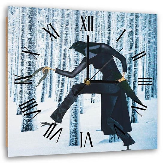Obraz z zegarem, Zimowy las kolaż abstrakcja ptak we fraku surrealzim - 60x60 Feeby