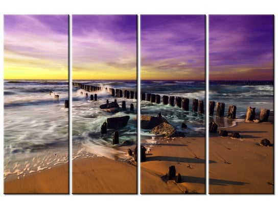 Obraz Zachód słońca nad morską plażą z fioletowym niebem, 4 elementy, 120x80 cm Oobrazy