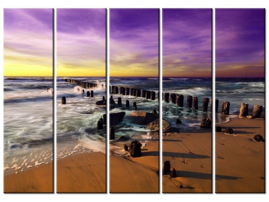 Obraz Zachód słońca nad morską plażą z fioletowym niebem, 5 elementów, 225x160 cm Oobrazy