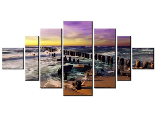 Obraz, Zachód słońca nad morską plażą z fioletowym niebem, 7 elementów, 200x100 cm Oobrazy