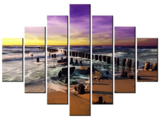 Obraz Zachód słońca nad morską plażą z fioletowym niebem, 7 elementów, 210x150 cm Oobrazy