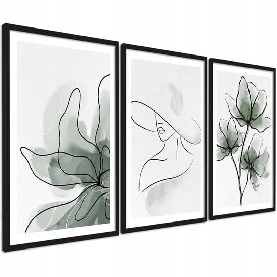 Obrazy do pokoju 3 sztuki 30x40 cm stylowe plakaty zielone grafiki kobieta PosterPlanet