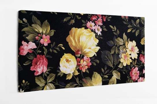 Obrazy na płótni HOMEPRINTe, żółte piwonie, różowe stokrotki, czarne tło, kwiaty, wiosenne kwiaty 120x50 cm HOMEPRINT