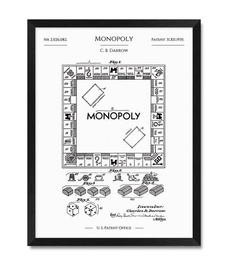 Obrazy plakaty do salonu pokoju sypialni patent gra planszowa monopoly rama 32x42 cm iWALL studio