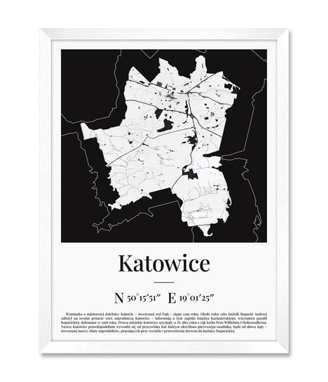 Obrazy plakaty kartograficzne geograficzne na ścianę mapa plan Katowic Katowice biała rama 32x42 cm iWALL studio