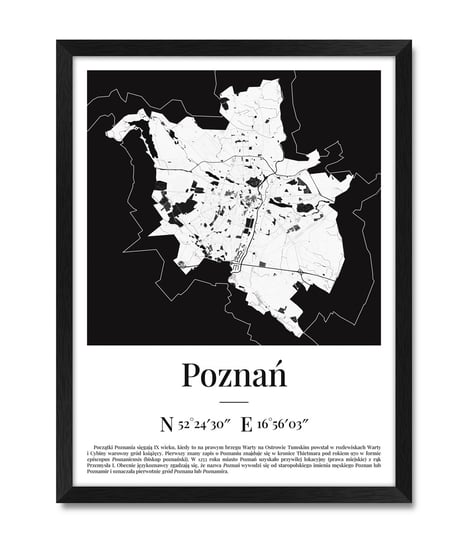 Obrazy plakaty na ścianę dekoracja do salonu mapa plan miasta Poznań Poznania czarna rama 32x42 cm iWALL studio