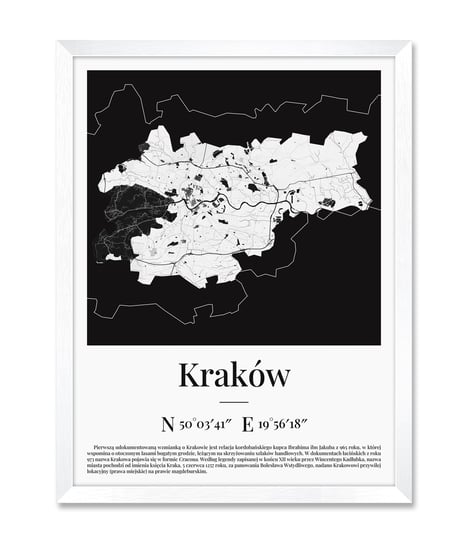 Obrazy plakaty na ścianę do kuchni sypialni salonu plan mapa Krakowa Kraków biała rama 32x42 cm iWALL studio