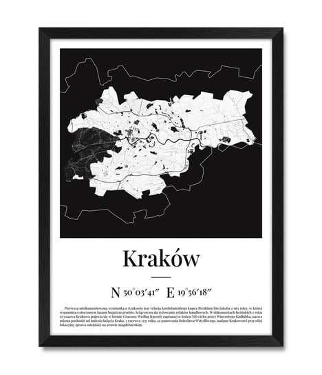 Obrazy plakaty na ścianę do kuchni sypialni salonu plan mapa Krakowa Kraków czarna rama 32x42 cm iWALL studio