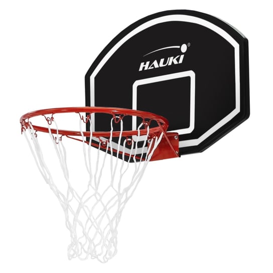 Obręcz do koszykówki 71x45 cm czarna, wykonana z nylonu i tworzywa sztucznego, zawiera siatkę i tablicę Hauki