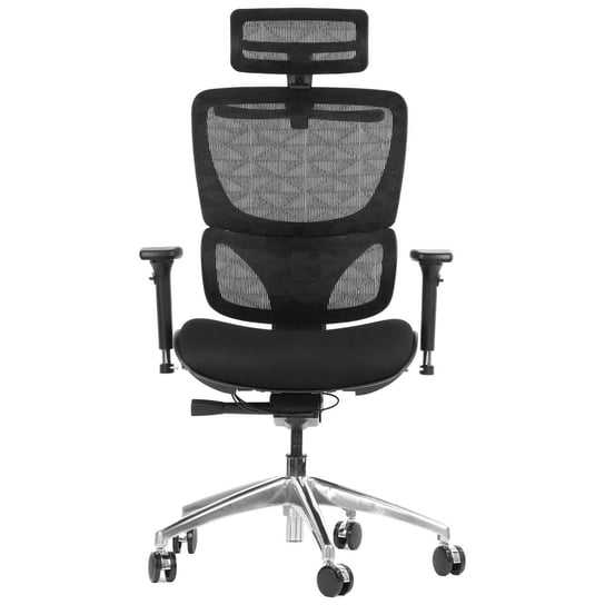 Obrotowe ergonomiczne krzesło biurowe ErgoNew S1A, czarny, siedzisko tkaninowe, regulowane podłokietniki, oparcie i zagłówek, wysuw siedziska, podstawa aluminiowa Stema