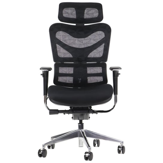 Obrotowe ergonomiczne krzesło biurowe ErgoNew S7, czarny, siedzisko tkaninowe, regulowane podłokietniki, oparcie i zagłówek, wysuw siedziska, podstawa aluminiowa Stema