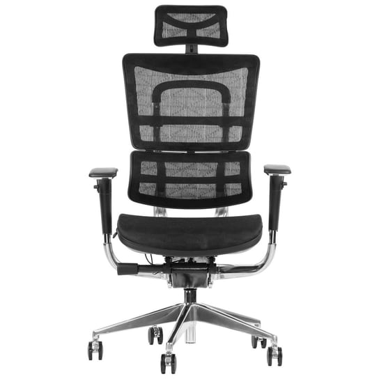 Obrotowe ergonomiczne krzesło biurowe ErgoNew S8, czarny, siedzisko siatkowe, regulowane podłokietniki, oparcie i zagłówek, wysuw siedziska, podstawa aluminiowa Stema