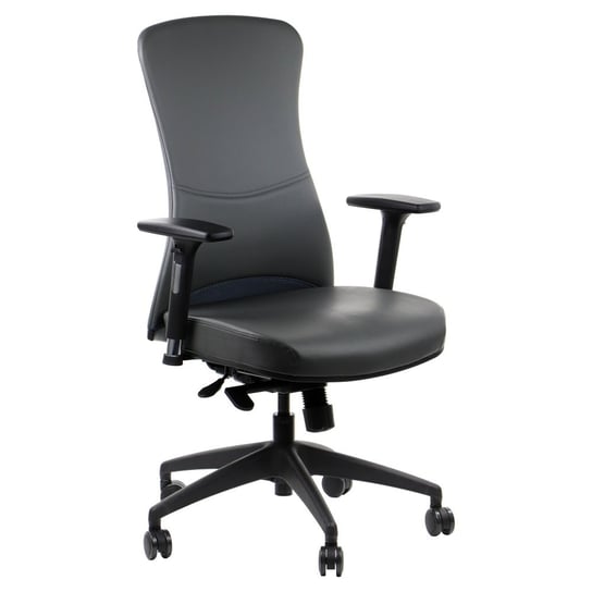 Obrotowe krzesło biurowe KENTON, szara ekoskóra, wysuw siedziska, mechanizm synchro, regulowane podłokietniki Stema