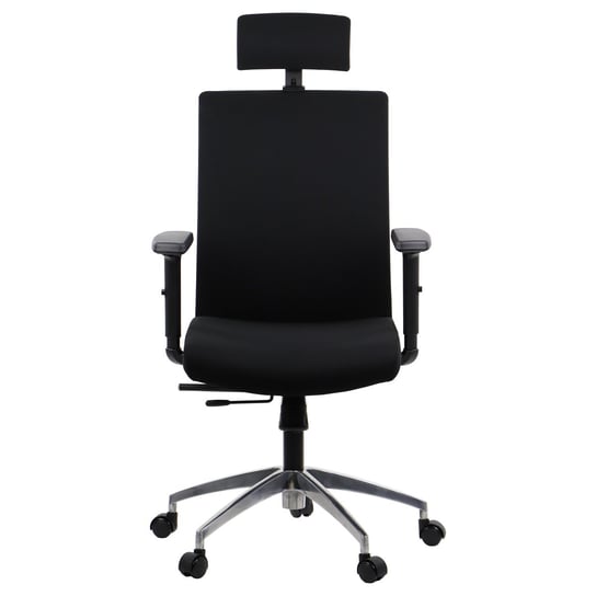 Obrotowe krzesło biurowe RIVERTON F/H/AL, czarny, regulowane podłokietniki i zagłówek, wysuw siedziska, oparcie tkaninowe, podstawa aluminiowa Stema