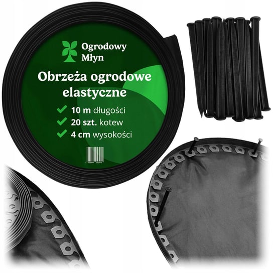 Obrzeże Trawnikowe Ogrodowe 4 cm 10 m Elastyczne Czarne Kotwy Plastikowe Ogrodowy Młyn