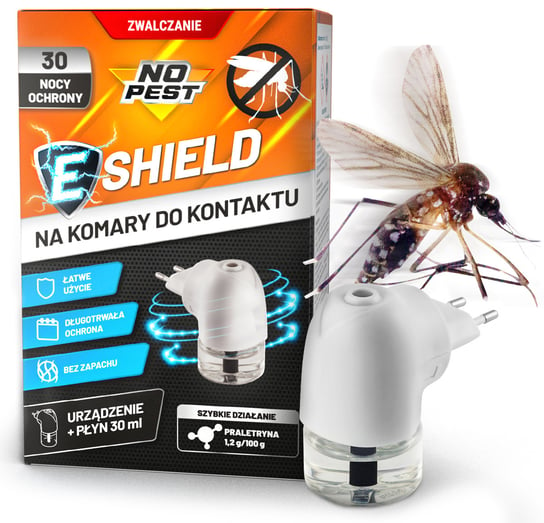 Odstraszacz Komarów NO PEST Elektrofumigator Środek na Komary Muchy Owady do Kontaktu E-SHIELD + Płyn Wabiący 30ml NO PEST