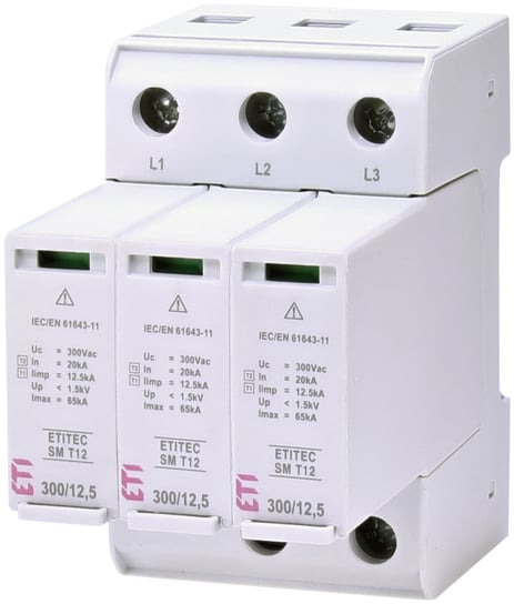 Ogranicznik przepięć T1, T2 (B, C) - bez prądu upływu ETITEC SM T12 300/12,5 3+0 ETI