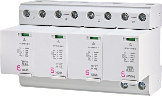 Ogranicznik przepięć T1, T2 (B, C) - bez prądu upływu ETITEC SM T12 300/25 3+1 ETI