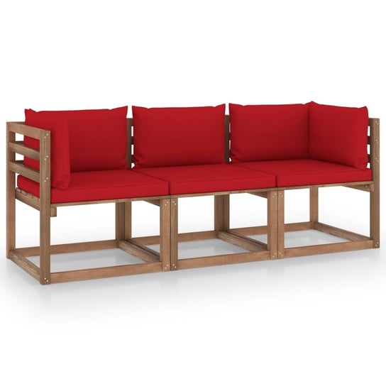 Ogrodowa sofa 3-os. z palet, z czerwonymi poduszkami, sosna vidaXL