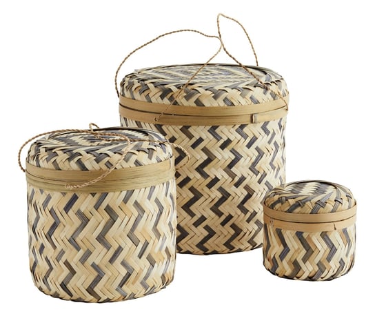 Okrągłe koszyki bambusowe - 3szt. - pojemniki z pokrywką szare-naturalne Madam Stoltz