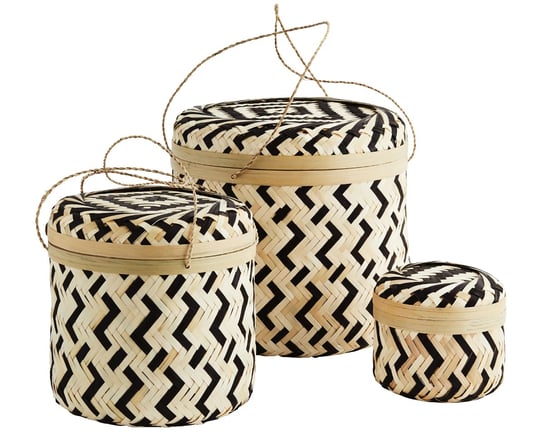 Okrągłe koszyki bambusowe - 3szt. - pojemniki z wieczkiem czarno-naturalne Madam Stoltz