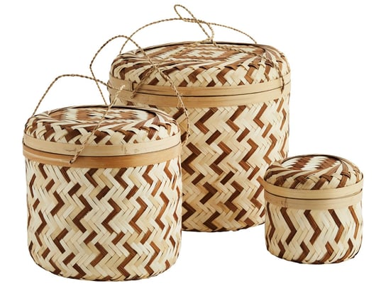 Okrągłe koszyki bambusowe - pojemniki z pokrywką brązowo-naturalne - 3szt. Madam Stoltz