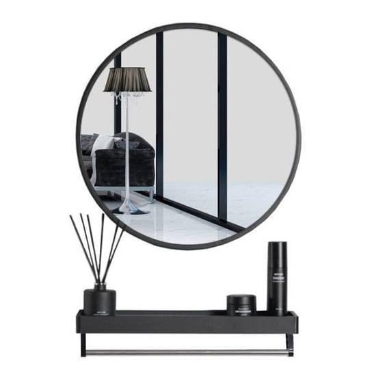 Okrągłe lustro z półką w stylu skandynawskim do łazienki/przedpokoju 60 cm Czarne MUFART