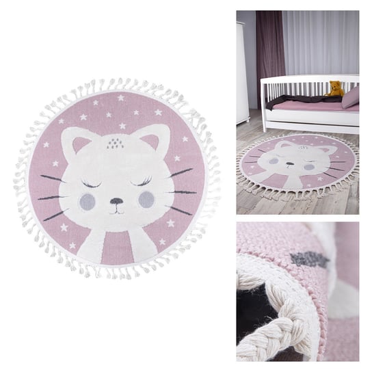Okrągły dywan dziecięcy Skandi Różowy dywan z kotkiem 100x100 Inna marka